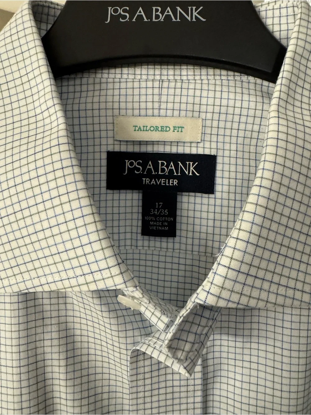 Jos. A. Bank Tailored Fit White Dress Shirt with Blue Windowpane